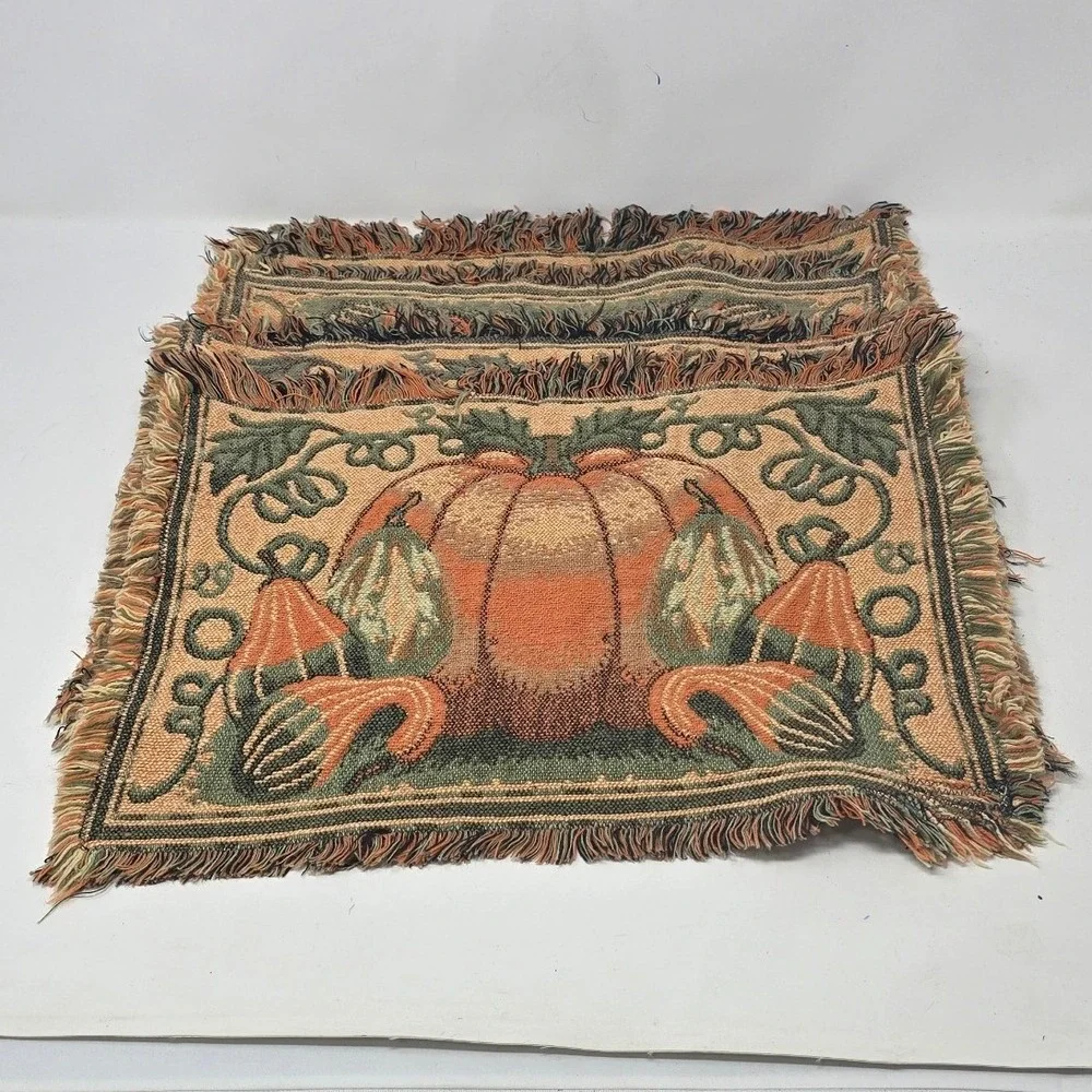Vtg tapestry Autumn pumpkin placemats Thanksgiving harvest woven table linens